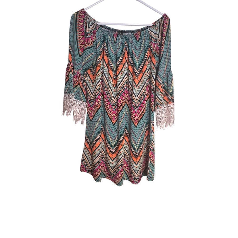 WinWin Teal, Orange,  Yellow and Green Bell Sleeve Graphic Blouse